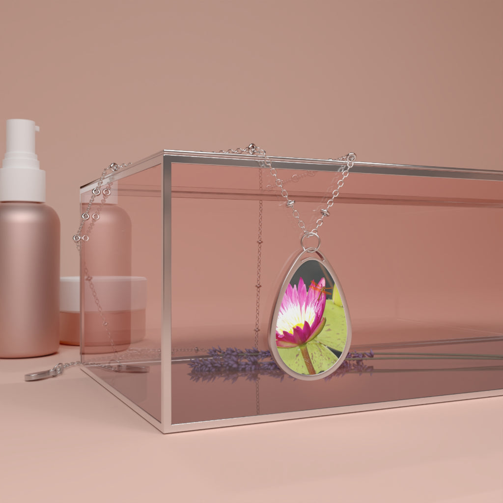 Oval Necklace — Magenta Waterlily Pendant with Dragonfly (Autistic Artist)