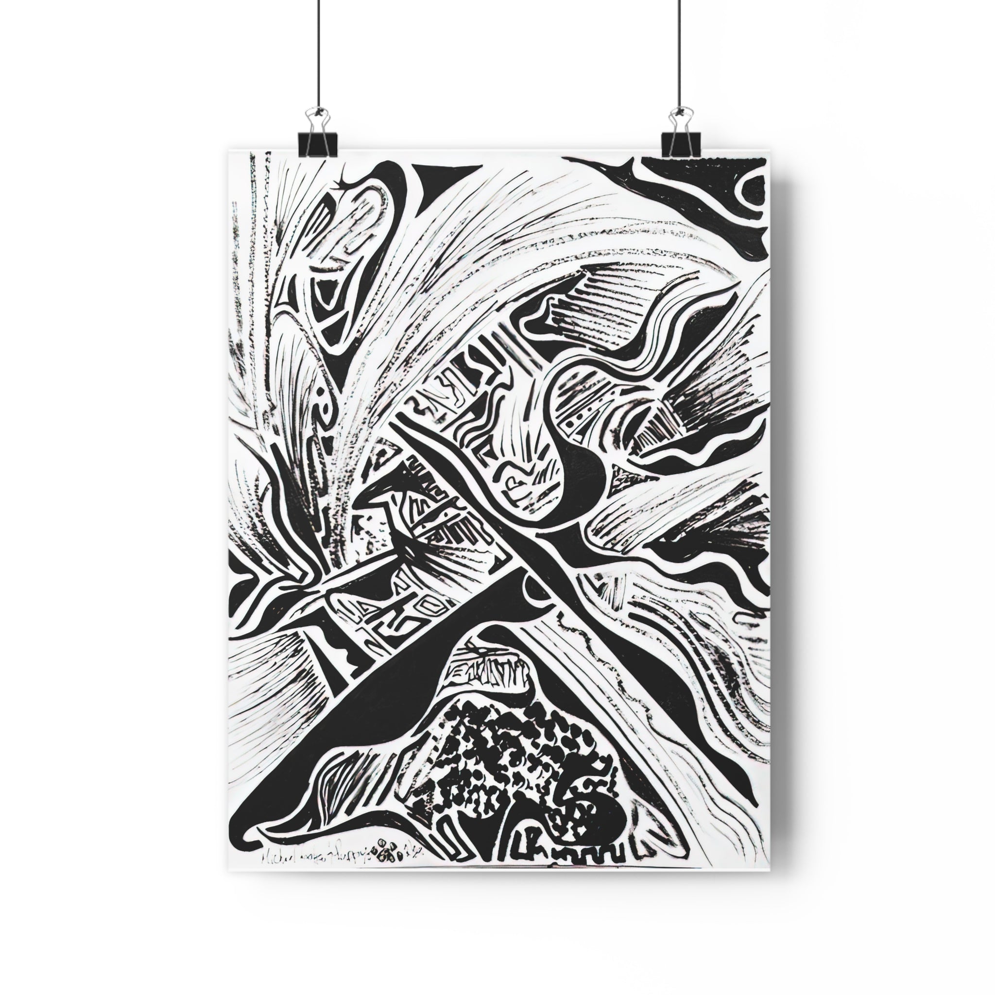 Four Paws and a Pen - Black & White Abstract Giclée Art Print — Monochrome Linework Wall Art by autistic artist and his puppy