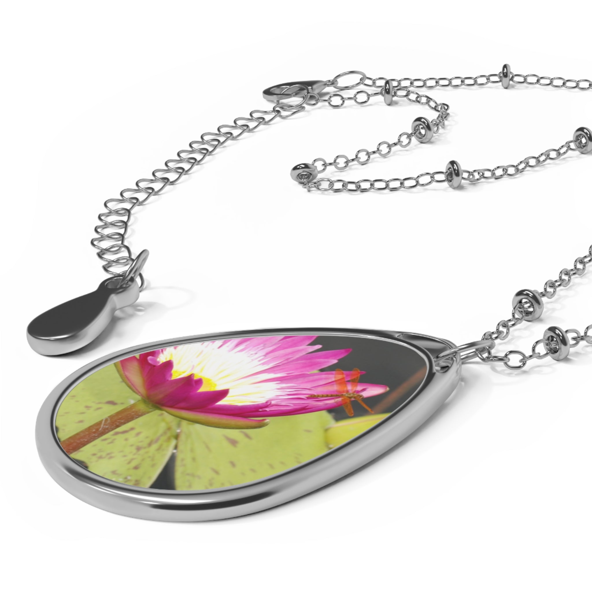 Oval Necklace — Magenta Waterlily Pendant with Dragonfly (Autistic Artist)