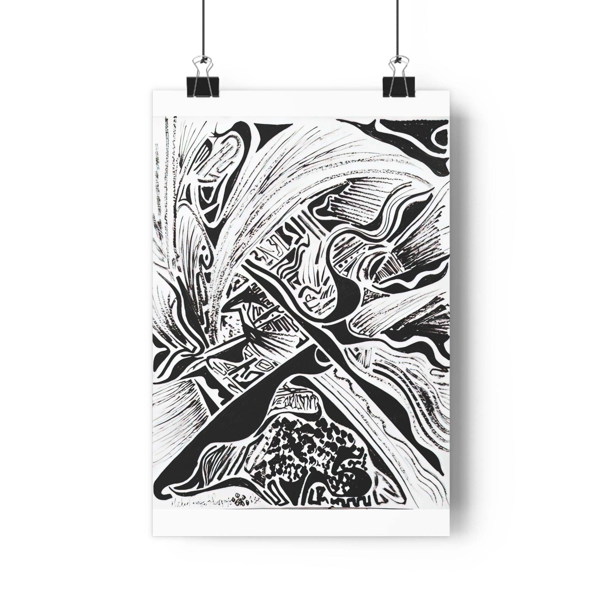 Four Paws and a Pen - Black & White Abstract Giclée Art Print — Monochrome Linework Wall Art by autistic artist and his puppy