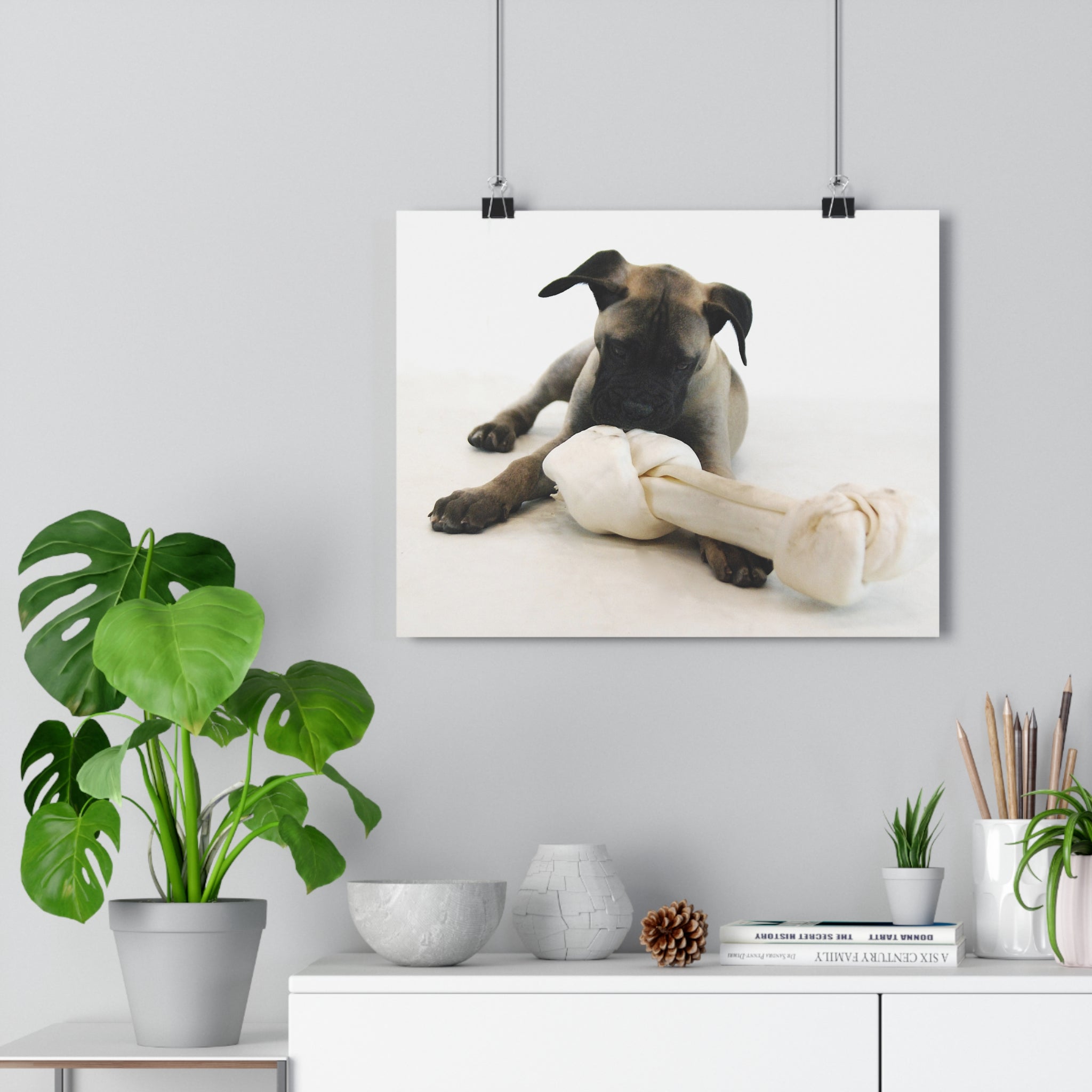Bullmastiff Puppy with Giant Rawhide — Giclée Art Print by autistic artist