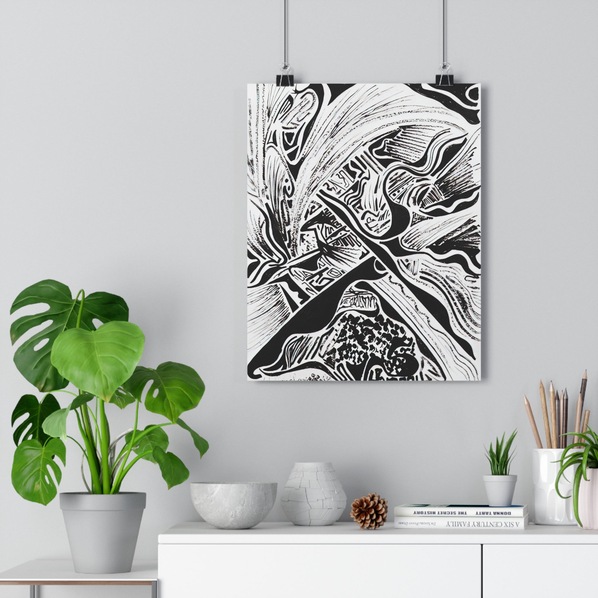 Four Paws and a Pen - Black & White Abstract Giclée Art Print — Monochrome Linework Wall Art by autistic artist and his puppy