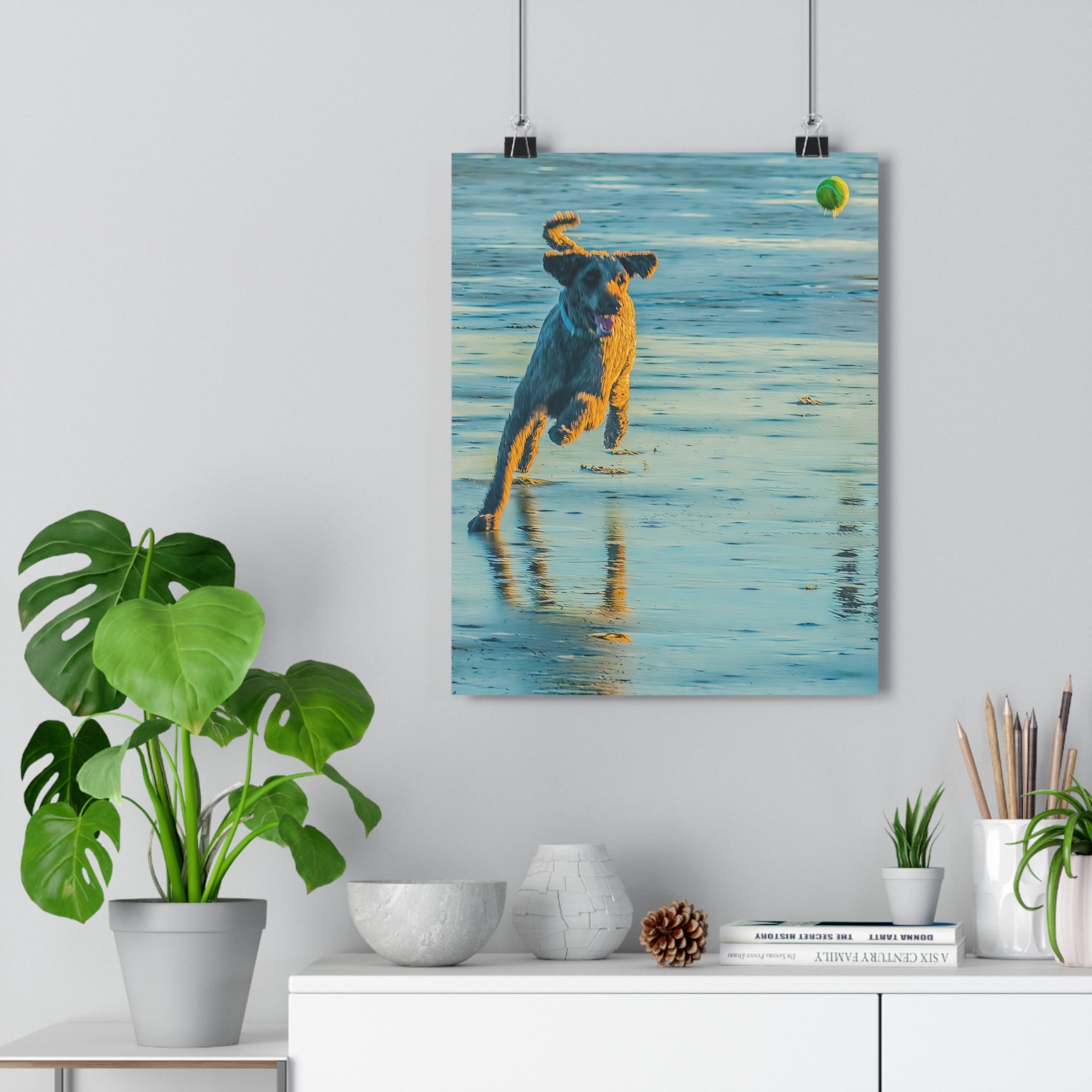 Beach Dog Photo Print — Giclée Art of Dog Playing Fetch on Glassy Sand