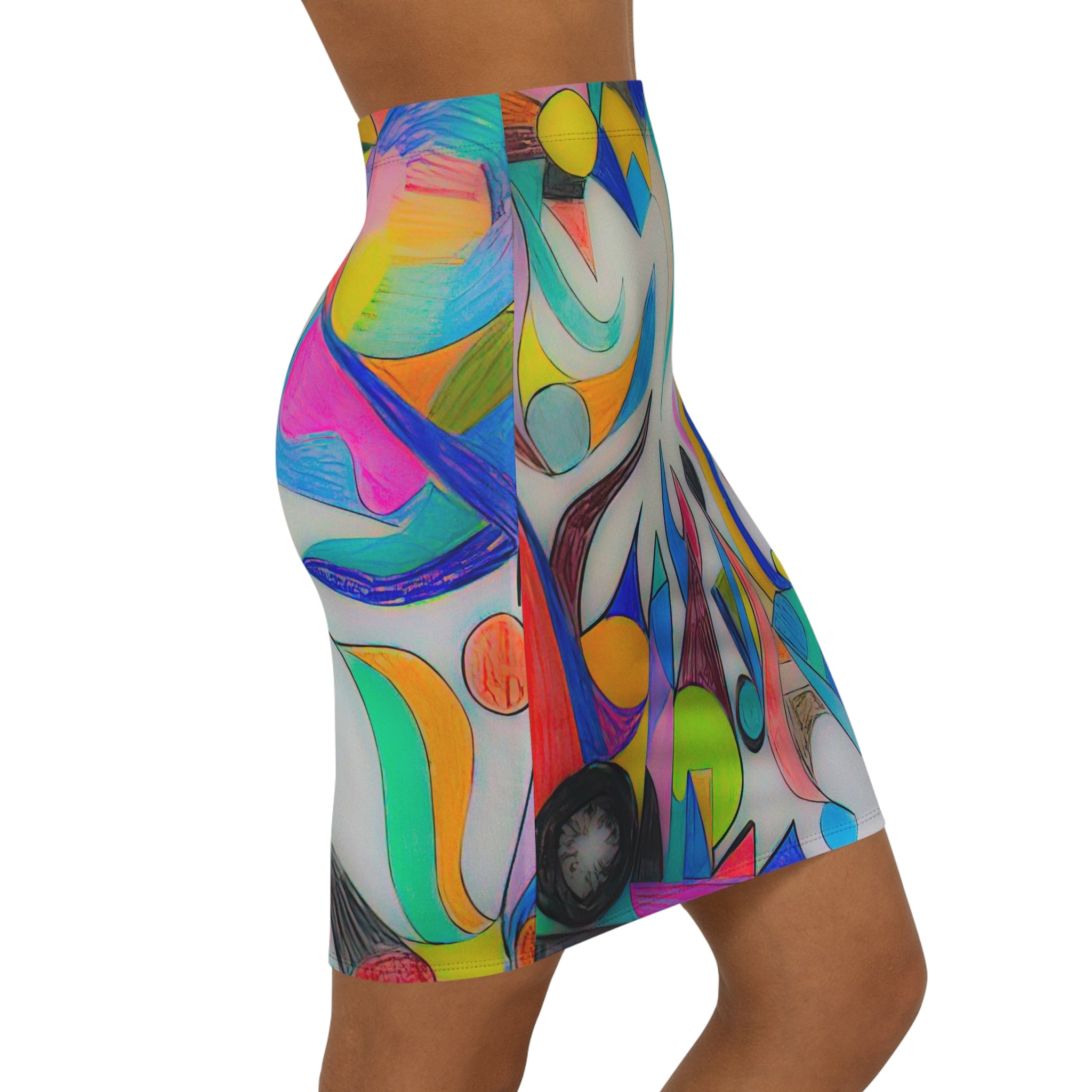 Abstract Colorburst Fluid Shapes Pencil Skirt — Vibrant Geometric Flowy Art Print by autistic artist