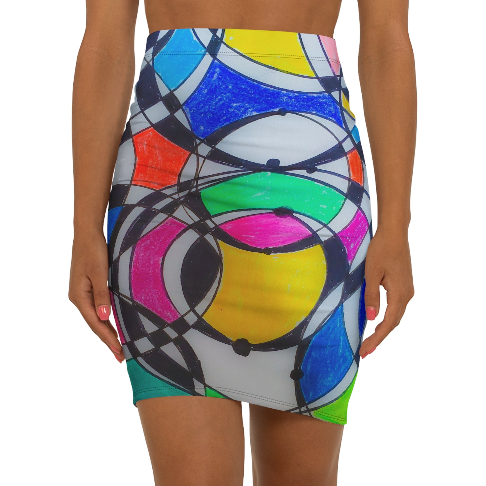 Abstract Colorful Circles Mid-Waist Pencil Skirt — Vibrant Geometric AOP by autistic artist