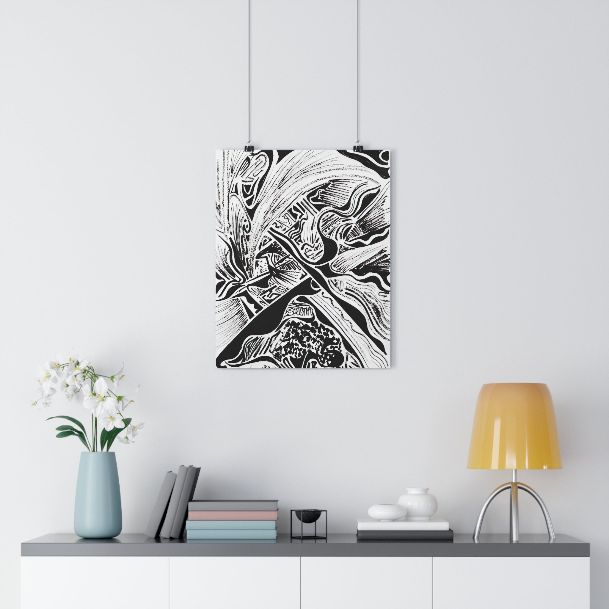 Four Paws and a Pen - Black & White Abstract Giclée Art Print — Monochrome Linework Wall Art by autistic artist and his puppy