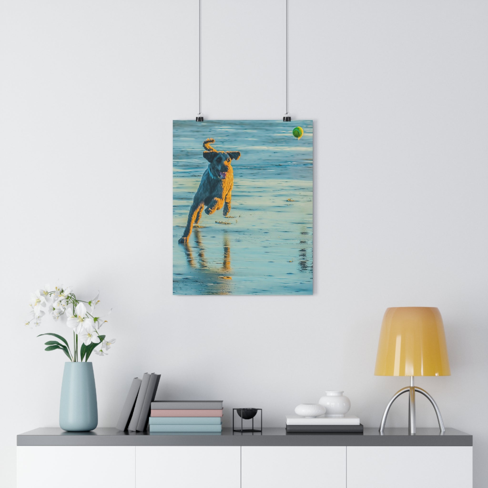 Beach Dog Photo Print — Giclée Art of Dog Playing Fetch on Glassy Sand