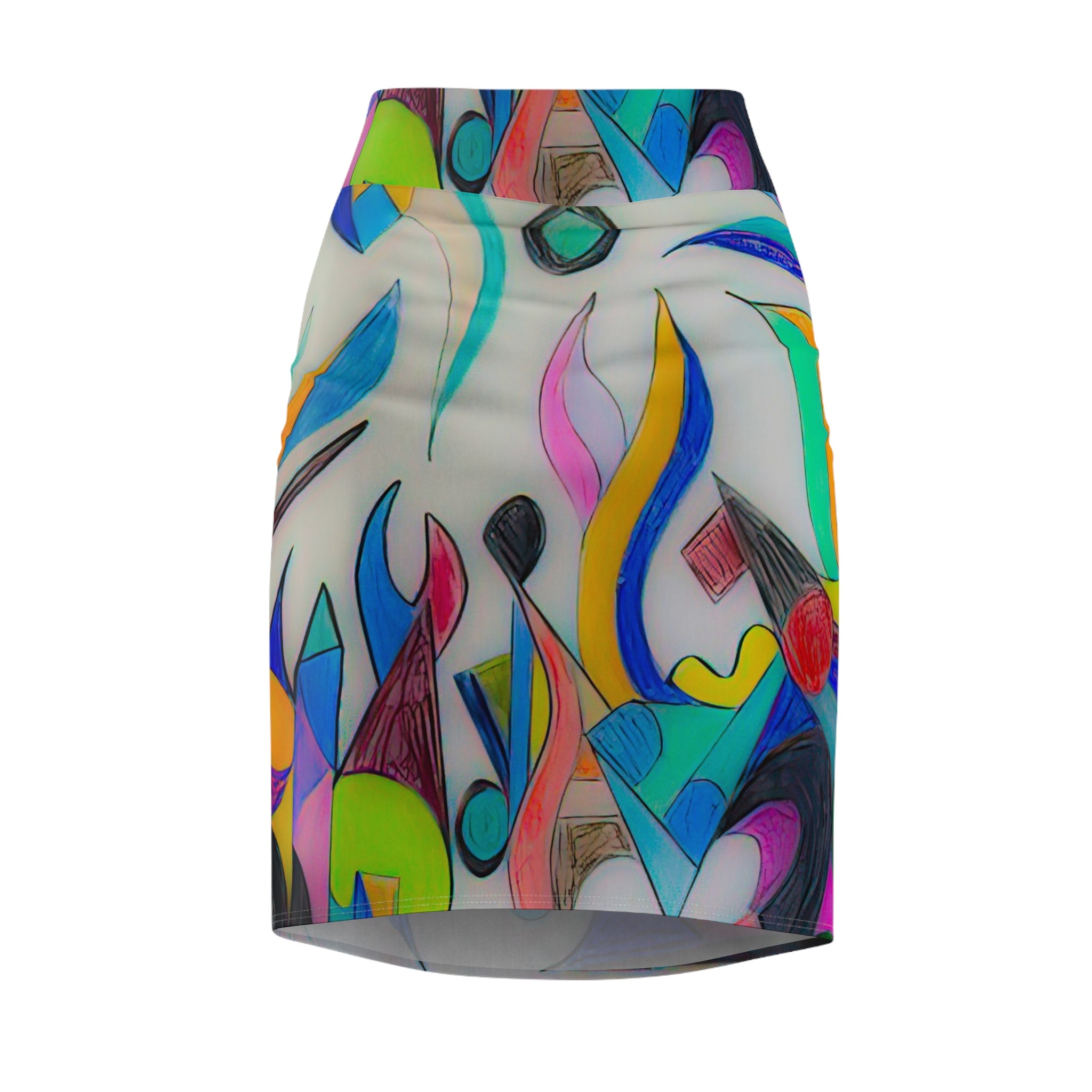 Abstract Colorful Art Pencil Skirt — Vibrant Geometric AOP by autistic artist