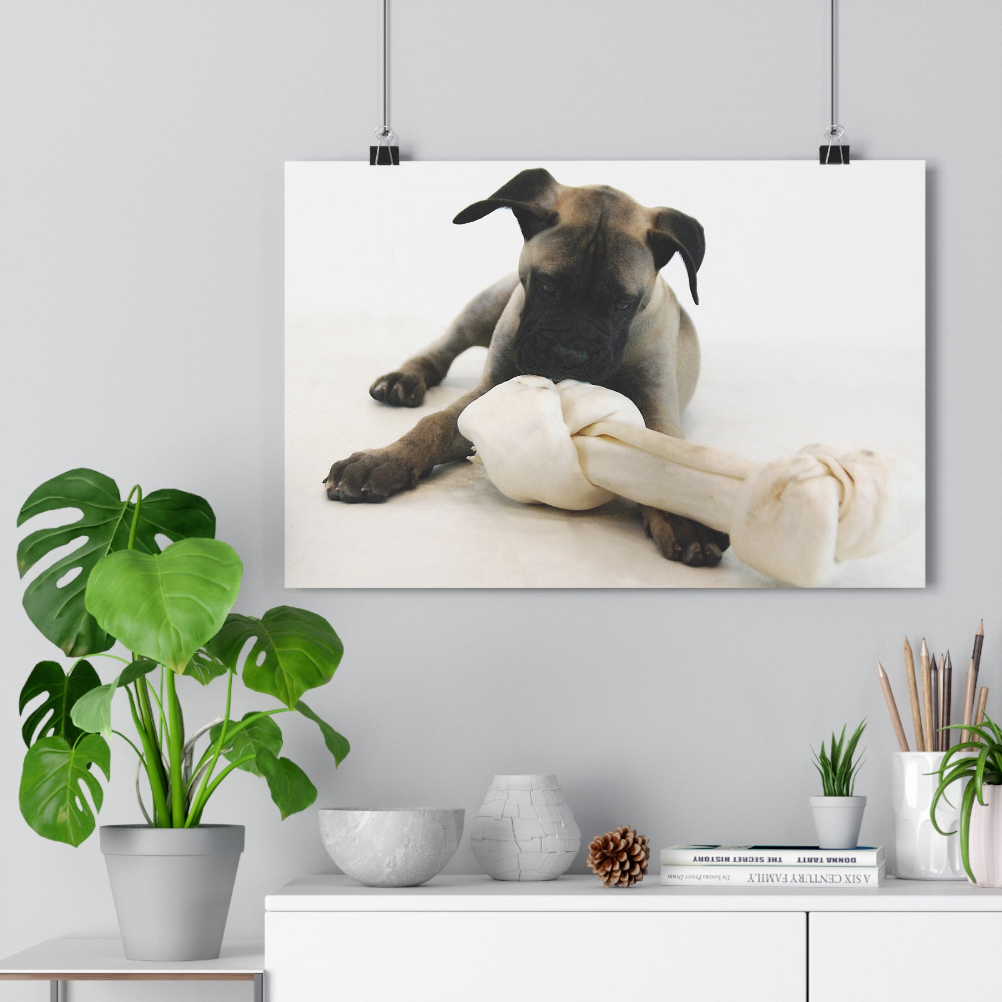 Bullmastiff Puppy with Giant Rawhide — Giclée Art Print by autistic artist
