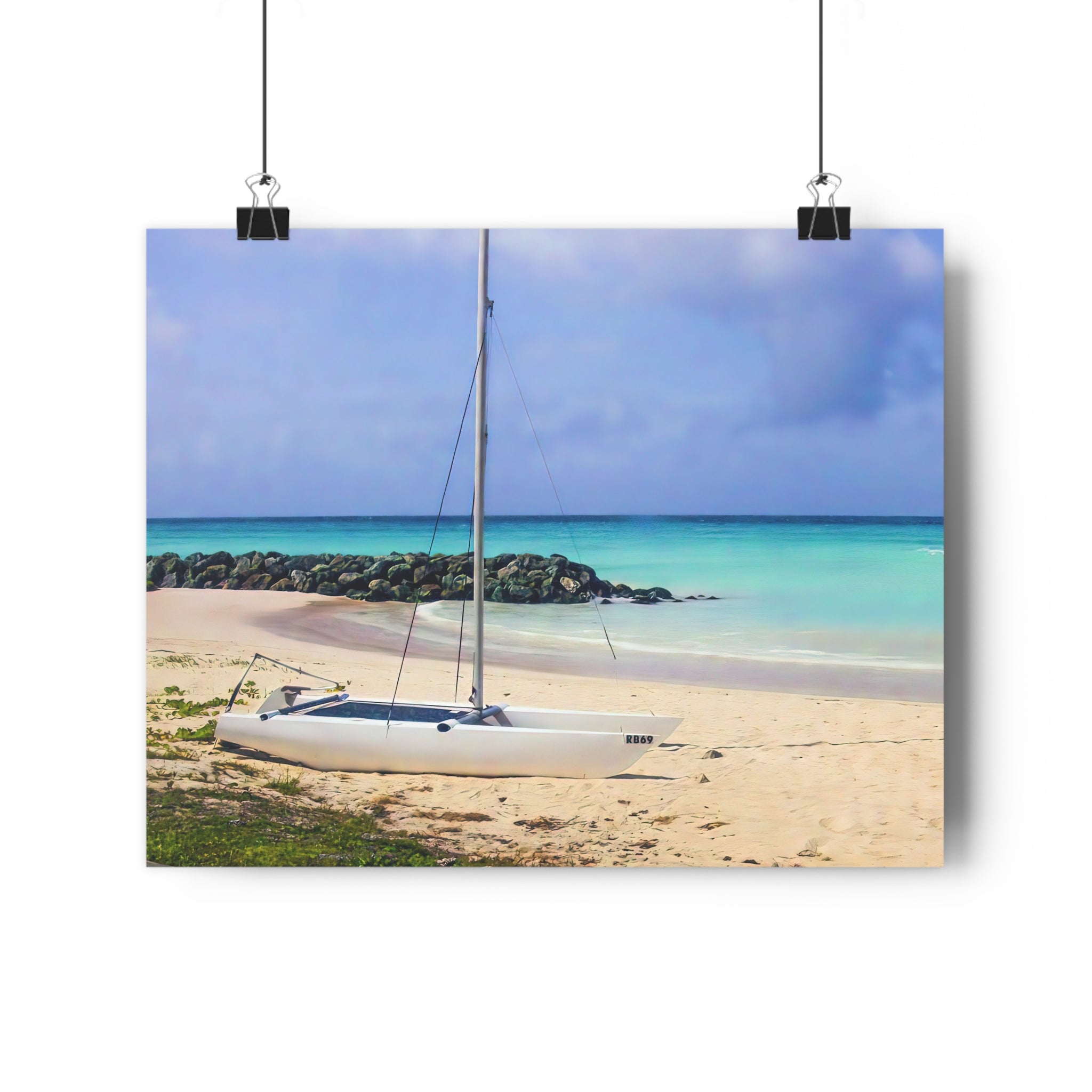 Giclée Art Print — Barbados "Shoreline Stillness" Turquoise Sailboat Beach Scene by autistic photographer