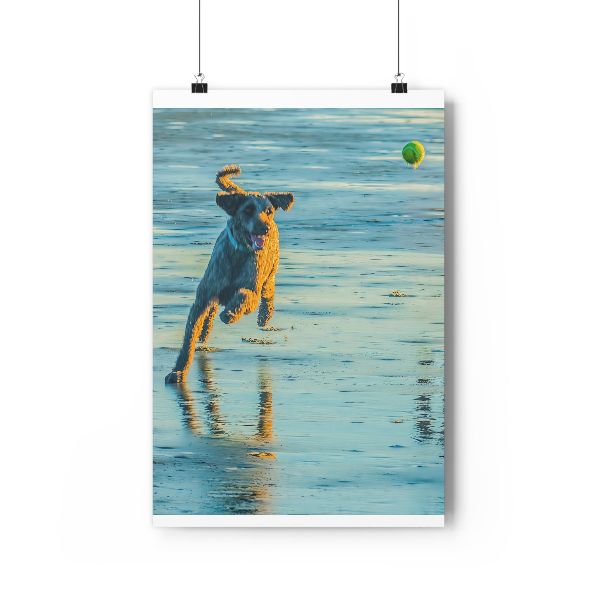 Beach Dog Photo Print — Giclée Art of Dog Playing Fetch on Glassy Sand