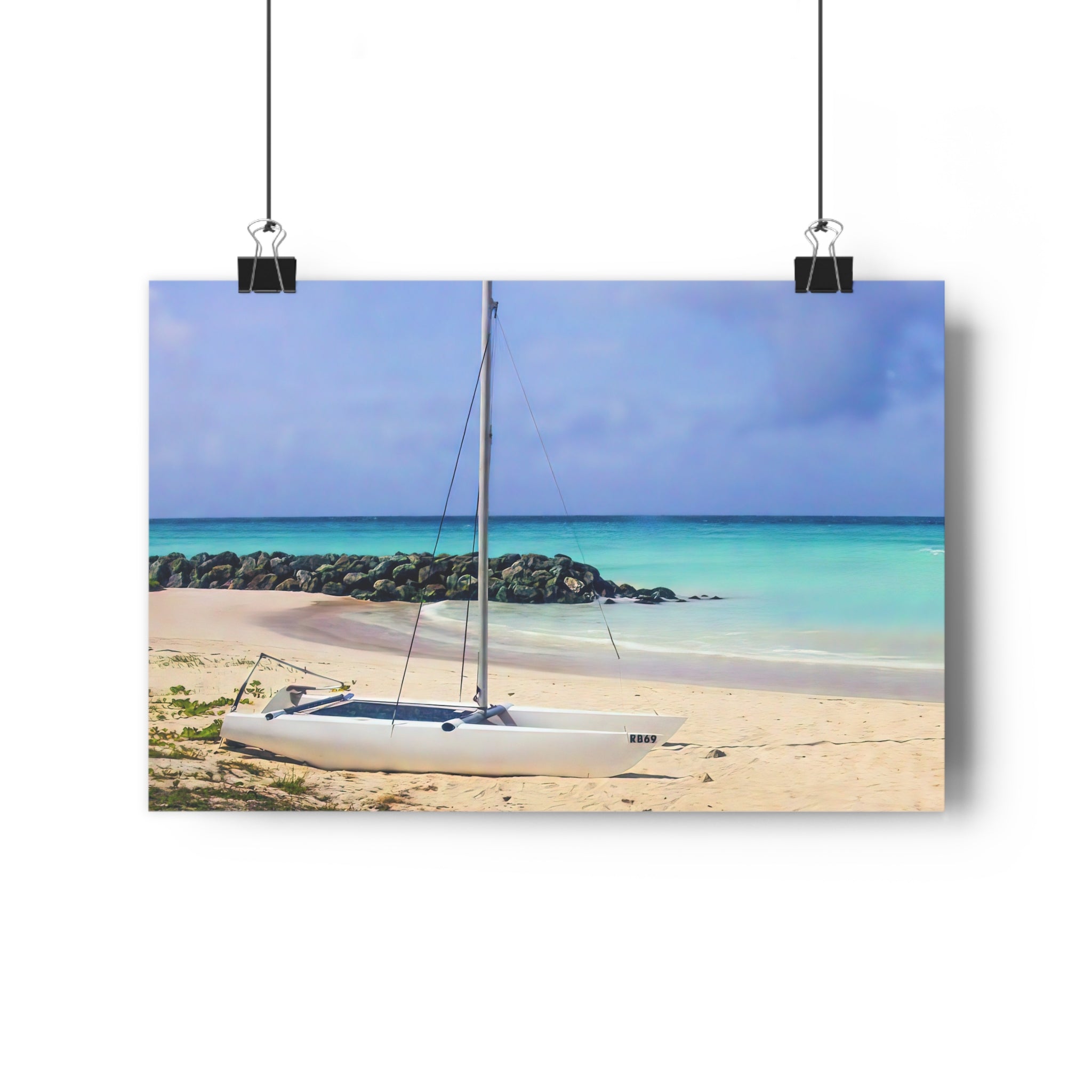 Giclée Art Print — Barbados "Shoreline Stillness" Turquoise Sailboat Beach Scene by autistic photographer