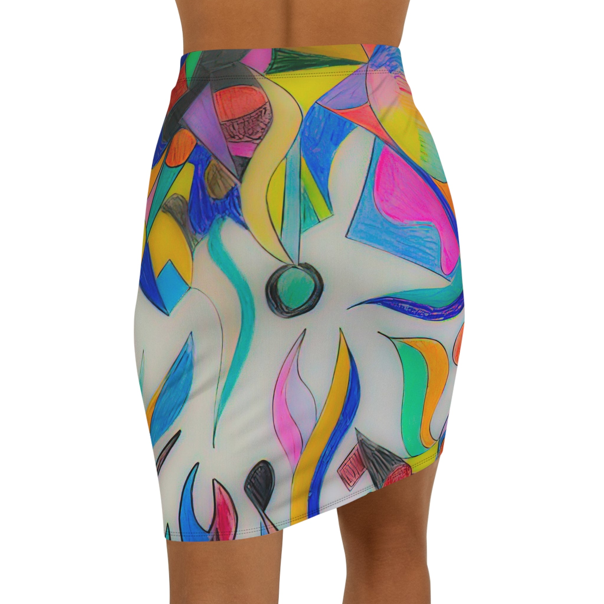 Abstract Colorburst Fluid Shapes Pencil Skirt — Vibrant Geometric Flowy Art Print by autistic artist