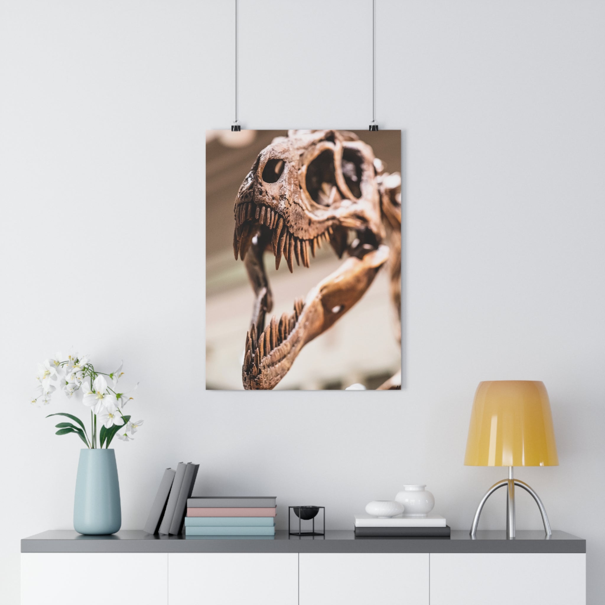 Allosaurus Skull Giclée Art Print — High-Angle Prehistoric Fossil Wall Art by autistic photographer at Carnegie Museum of Natural History, Pittsburgh, Pennsylvania