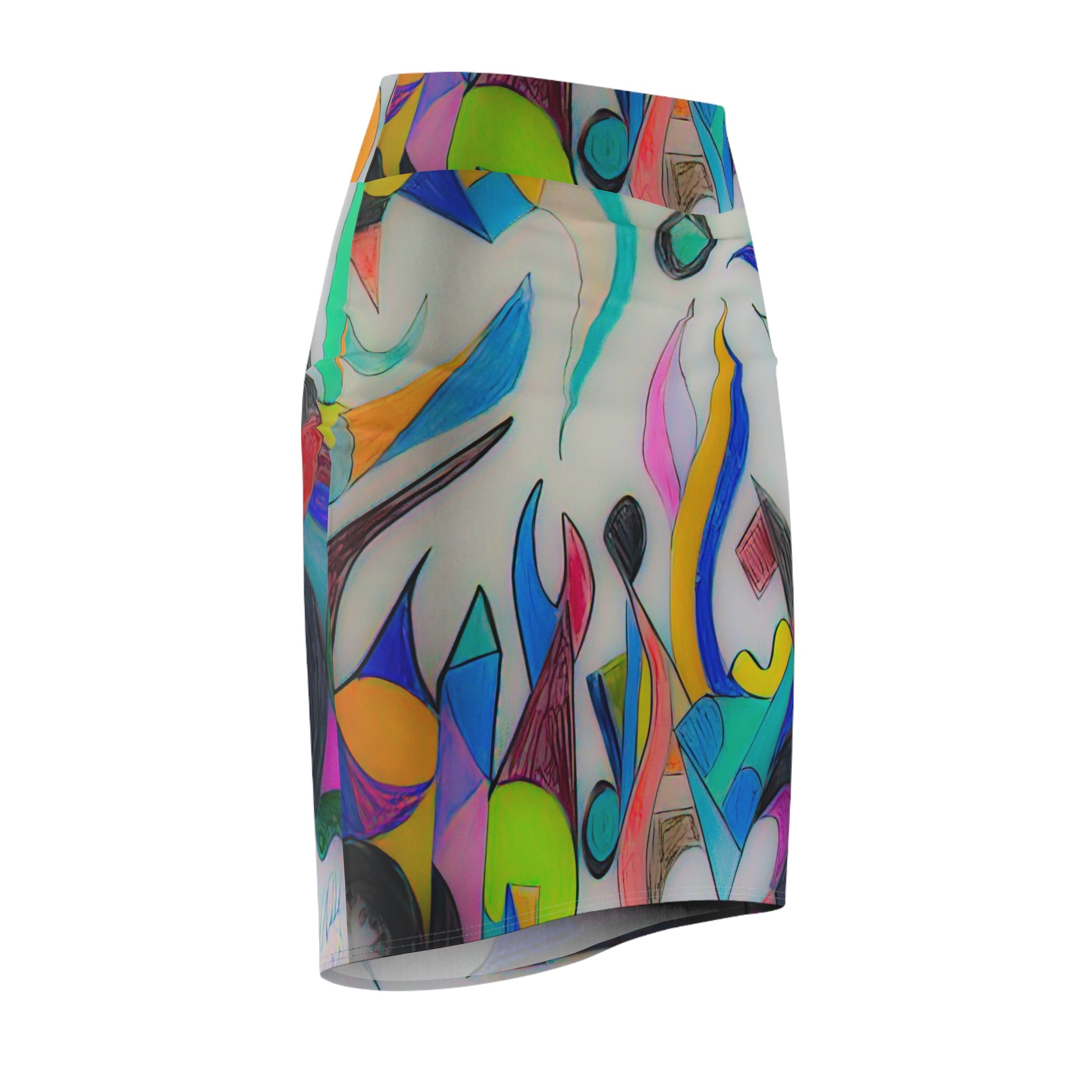 Abstract Colorful Art Pencil Skirt — Vibrant Geometric AOP by autistic artist