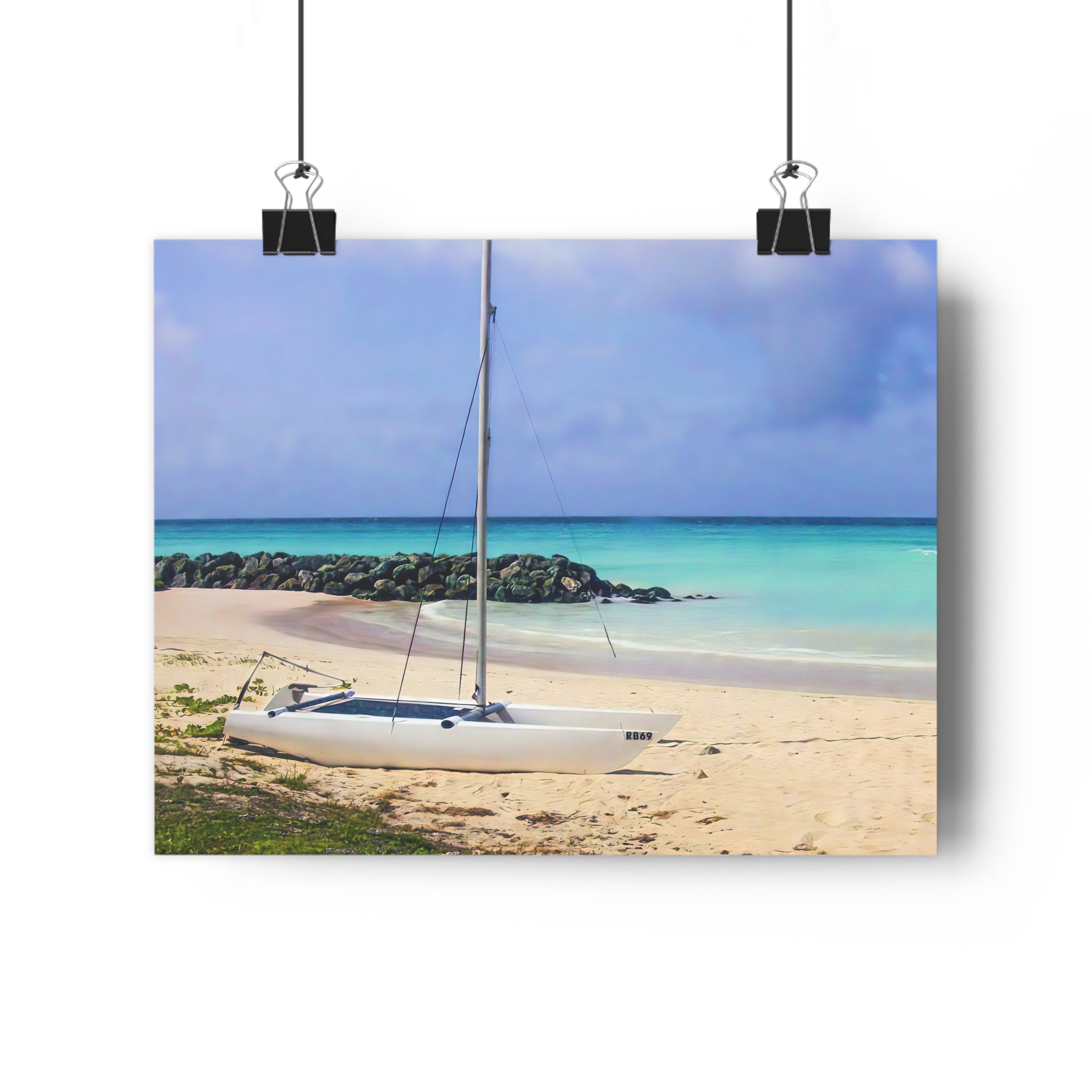 Giclée Art Print — Barbados "Shoreline Stillness" Turquoise Sailboat Beach Scene by autistic photographer