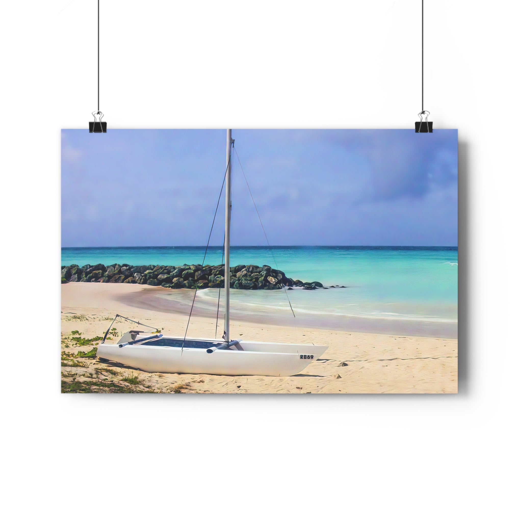 Giclée Art Print — Barbados "Shoreline Stillness" Turquoise Sailboat Beach Scene by autistic photographer