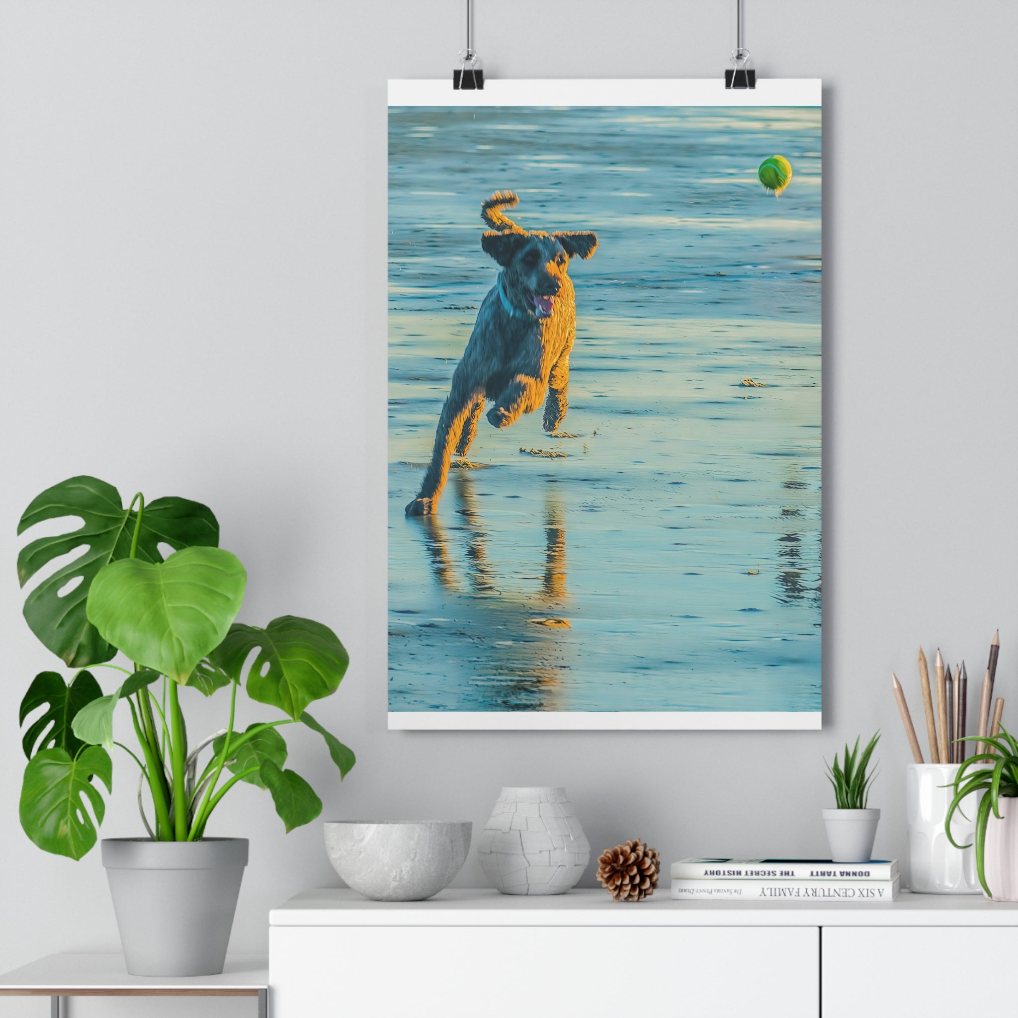 Beach Dog Photo Print — Giclée Art of Dog Playing Fetch on Glassy Sand