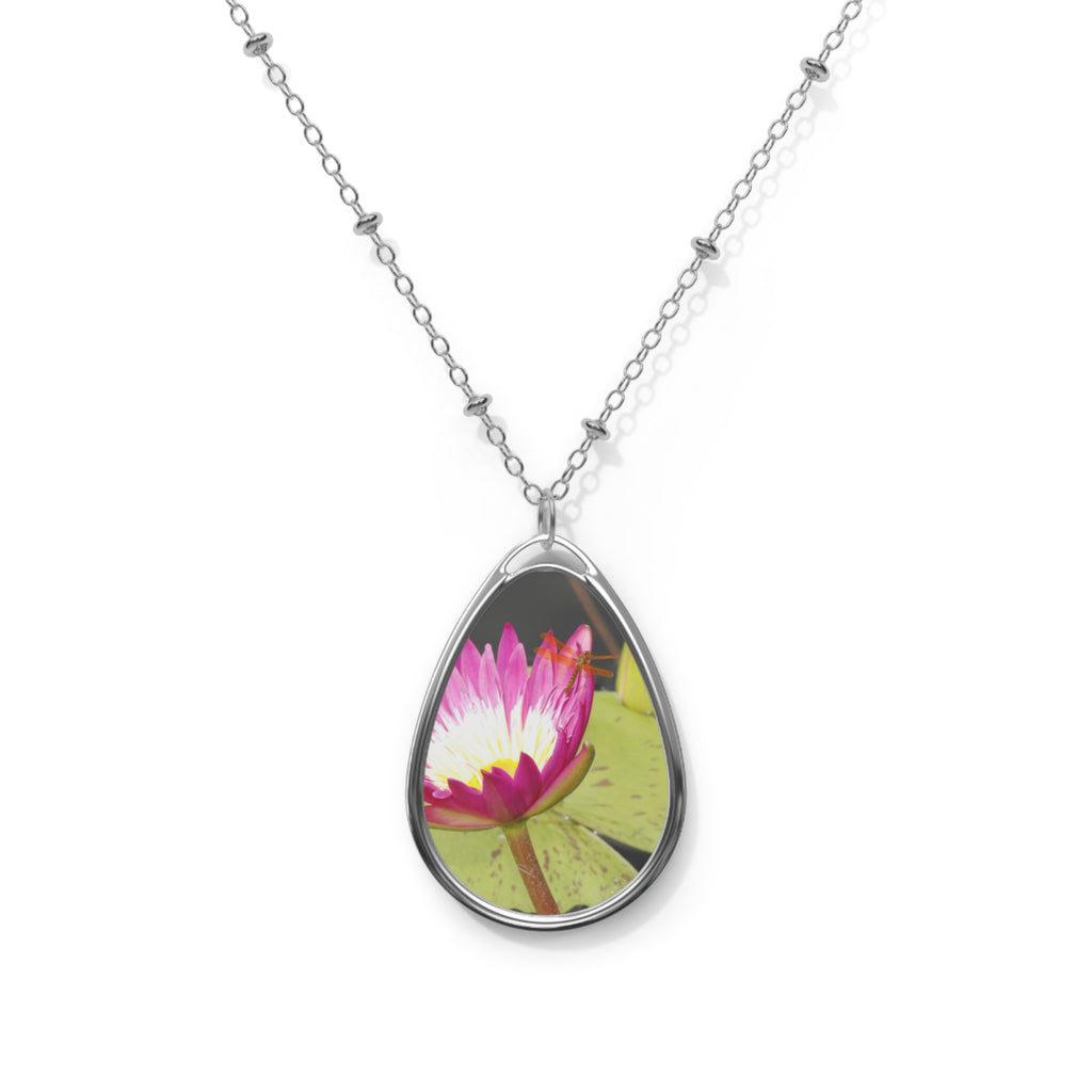 Oval Necklace — Magenta Waterlily Pendant with Dragonfly (Autistic Artist)