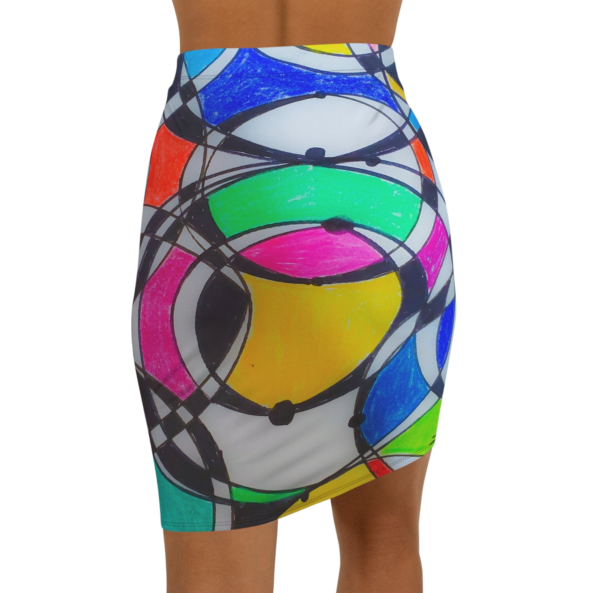 Abstract Colorful Circles Mid-Waist Pencil Skirt — Vibrant Geometric AOP by autistic artist