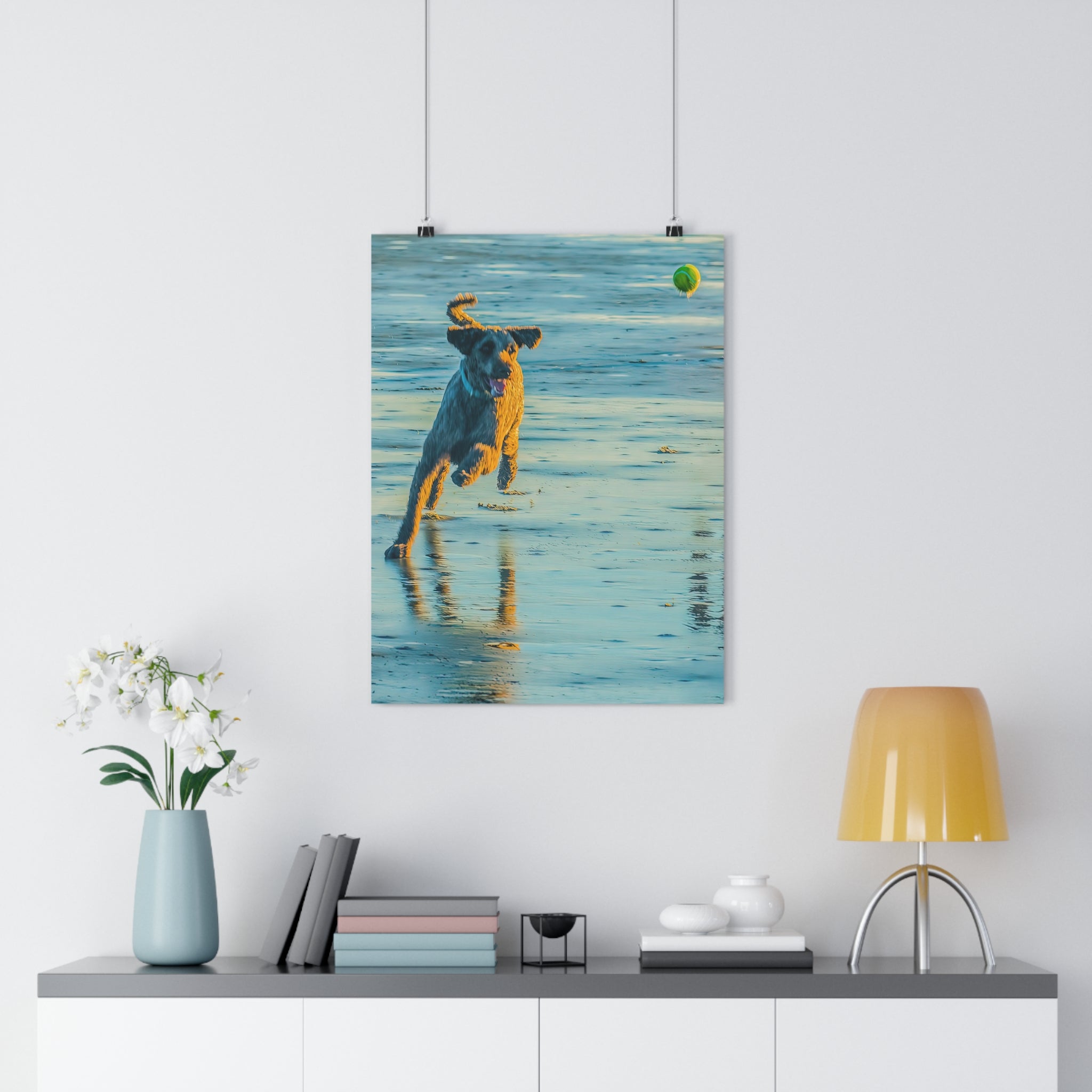 Beach Dog Photo Print — Giclée Art of Dog Playing Fetch on Glassy Sand