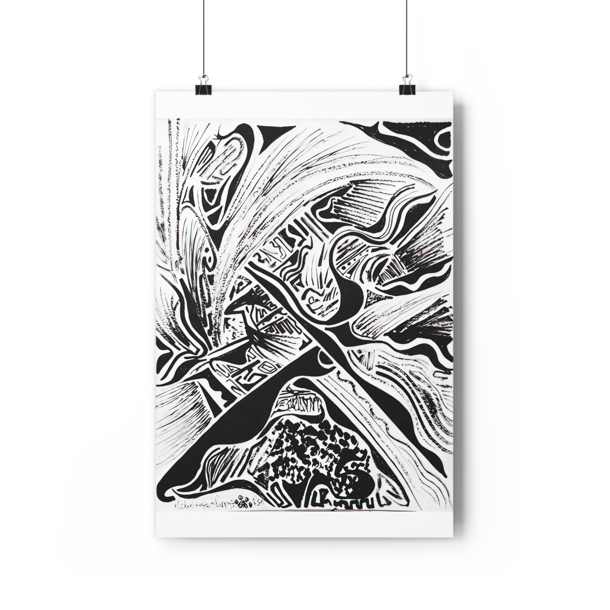 Four Paws and a Pen - Black & White Abstract Giclée Art Print — Monochrome Linework Wall Art by autistic artist and his puppy