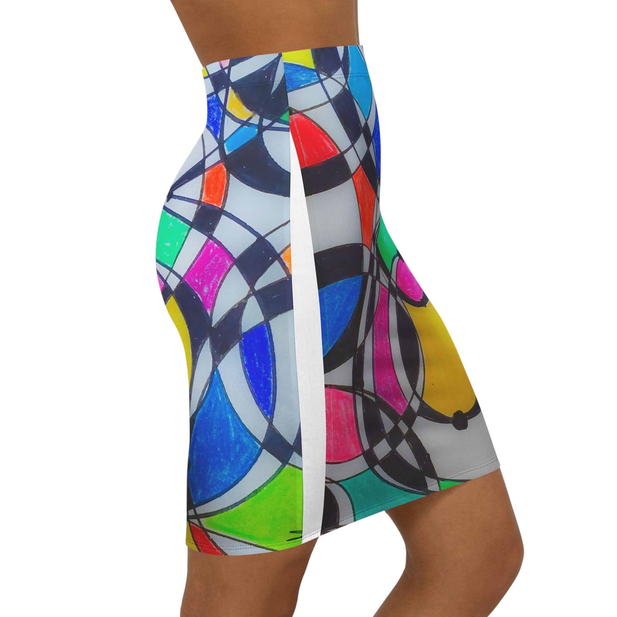 Abstract Colorful Circles Mid-Waist Pencil Skirt — Vibrant Geometric AOP by autistic artist