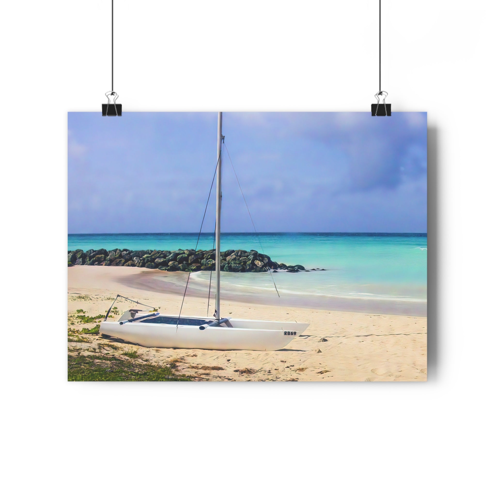 Giclée Art Print — Barbados "Shoreline Stillness" Turquoise Sailboat Beach Scene by autistic photographer