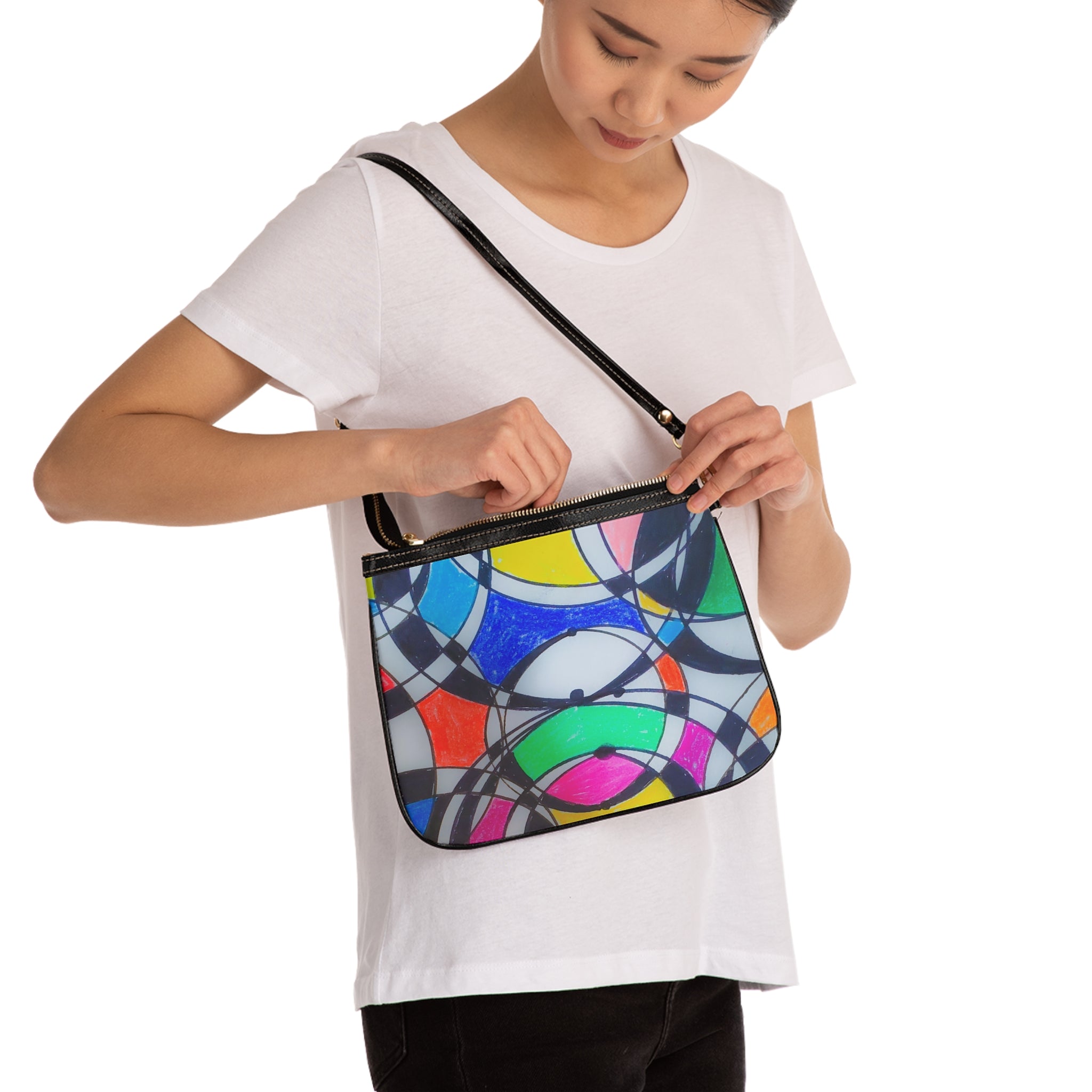 Abstract Colorful Circles Small Shoulder Bag – Geometric Stained-Glass Crossbody by autistic artist