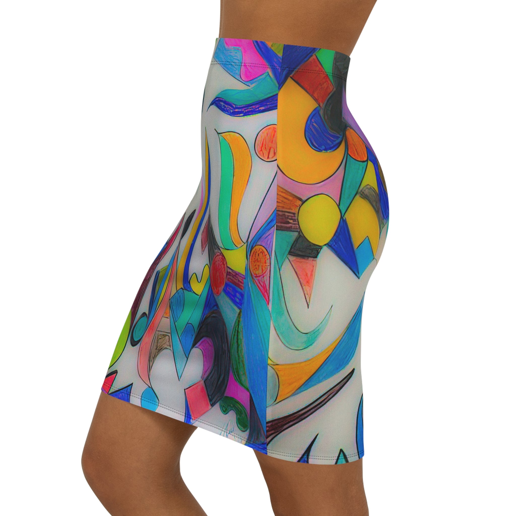 Abstract Colorburst Fluid Shapes Pencil Skirt — Vibrant Geometric Flowy Art Print by autistic artist