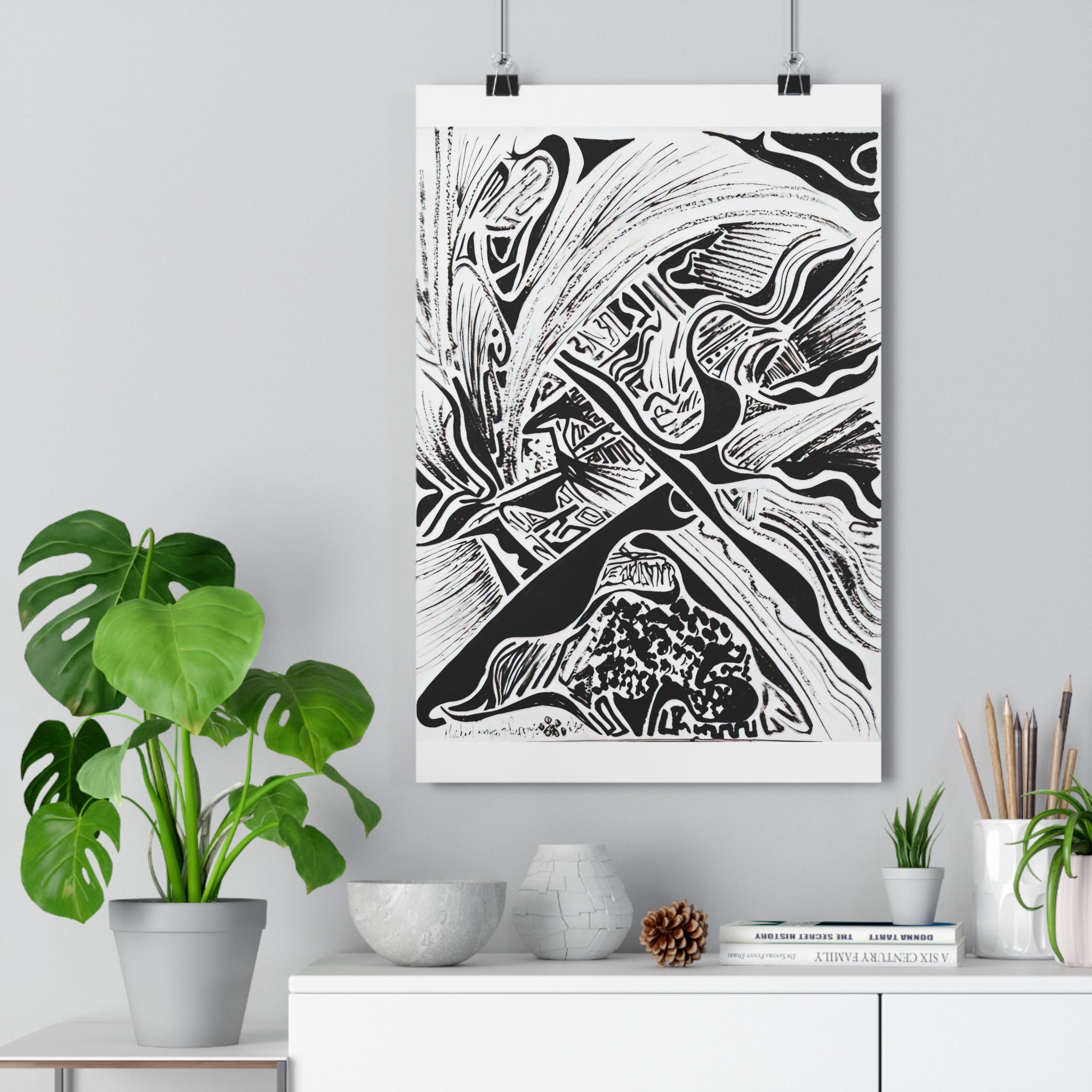 Four Paws and a Pen - Black & White Abstract Giclée Art Print — Monochrome Linework Wall Art by autistic artist and his puppy