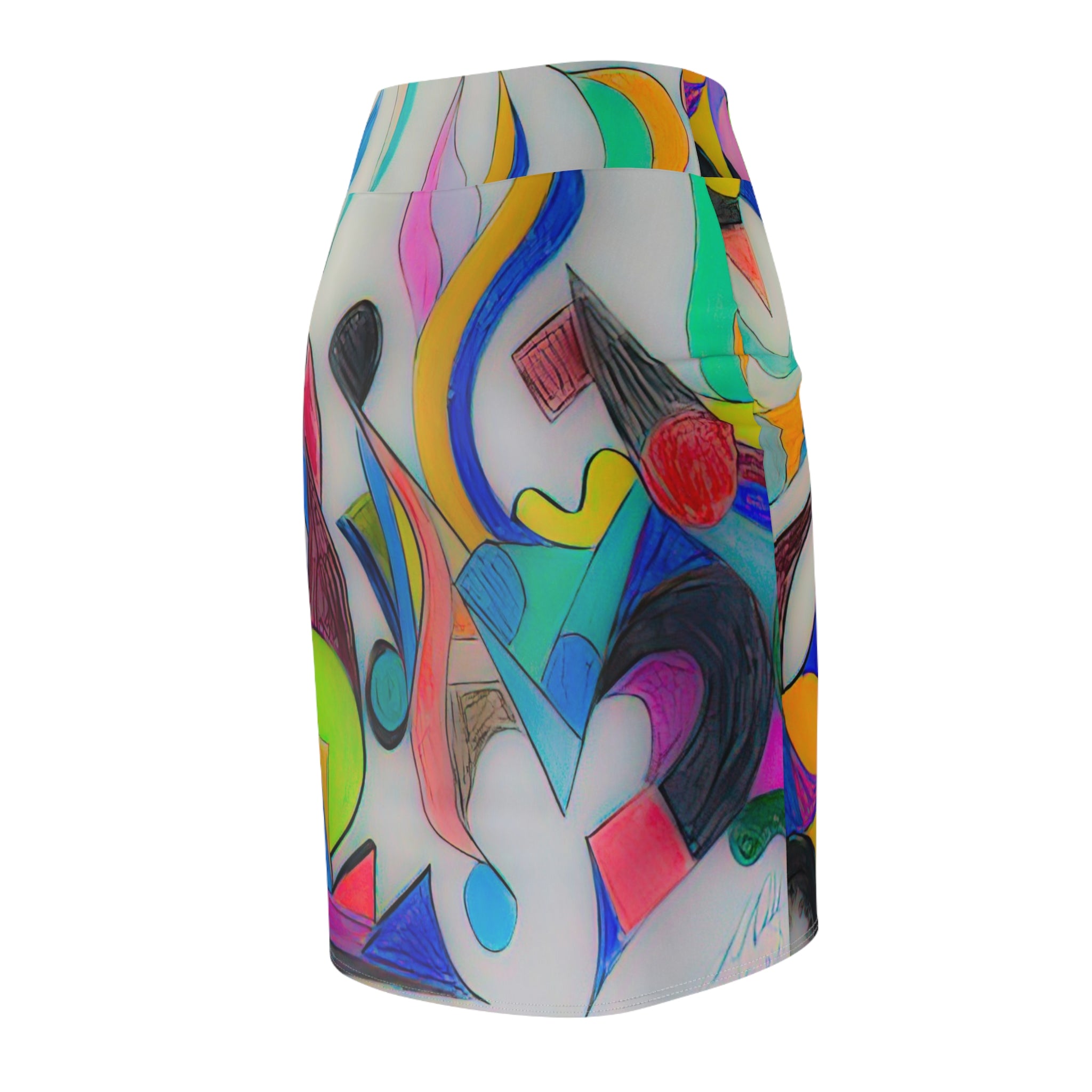 Abstract Colorful Art Pencil Skirt — Vibrant Geometric AOP by autistic artist