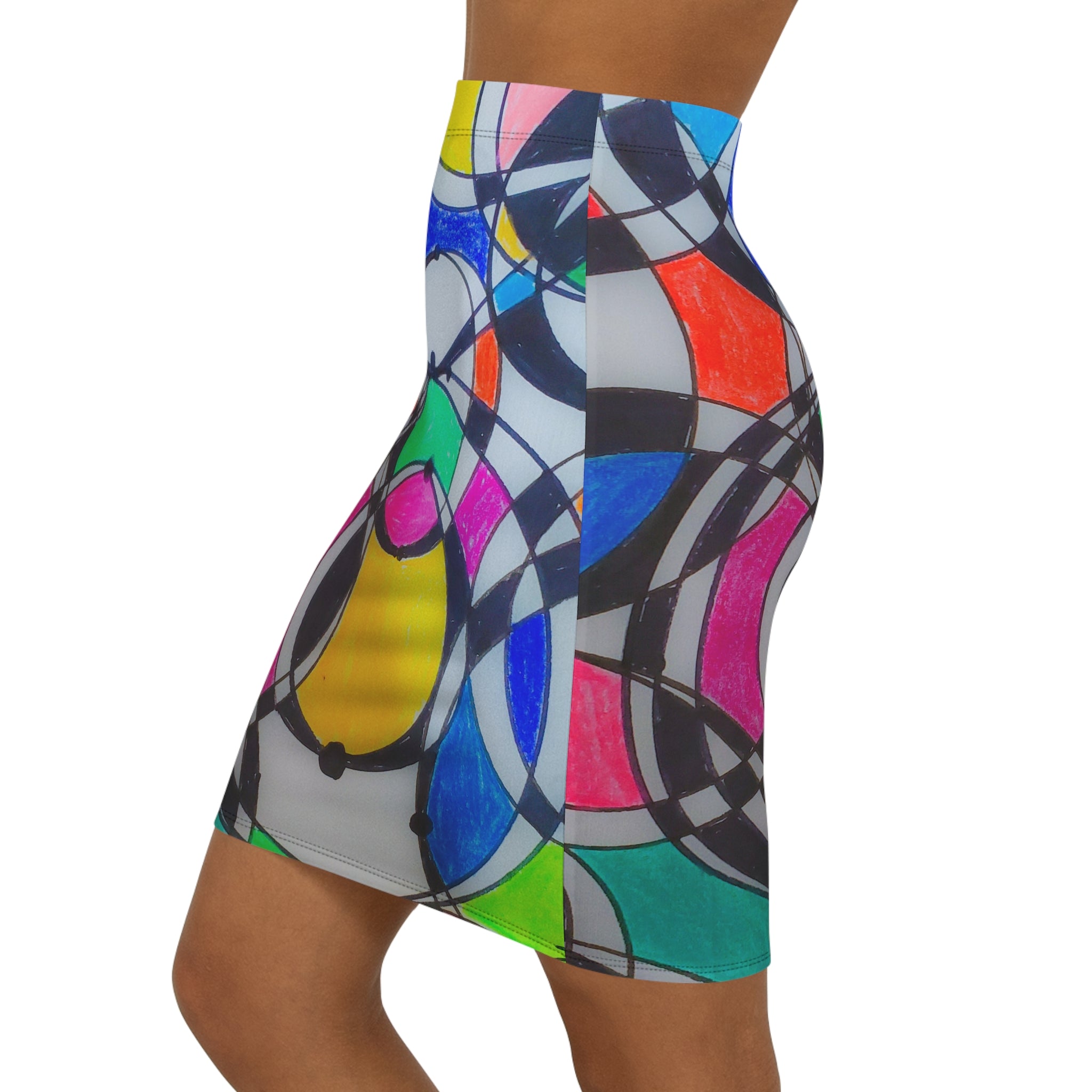 Abstract Colorful Circles Mid-Waist Pencil Skirt — Vibrant Geometric AOP by autistic artist