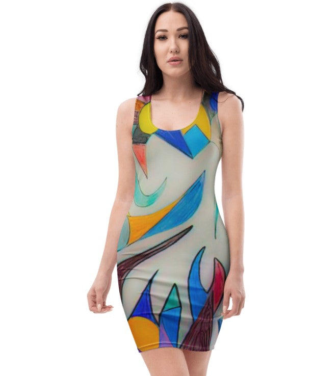 Abstract Color Splash Bodycon Dress — Vibrant All-Over Print by autistic artist