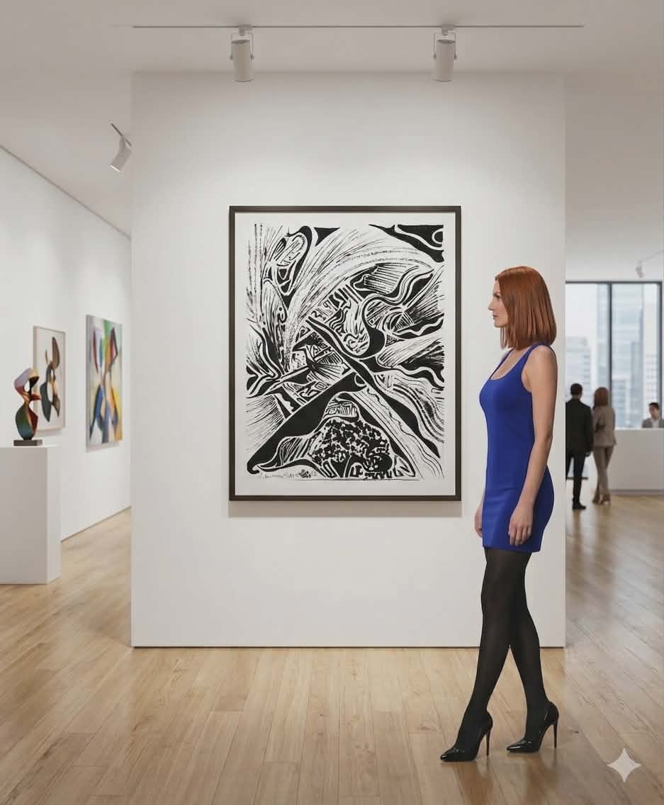 Four Paws and a Pen - Black & White Abstract Giclée Art Print — Monochrome Linework Wall Art by autistic artist and his puppy